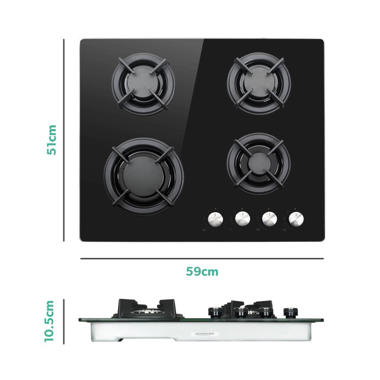 Refurbished electriQ EQGH406GGBLK 60cm Gas on Glass 4 Burner Gas Hob Black Glass