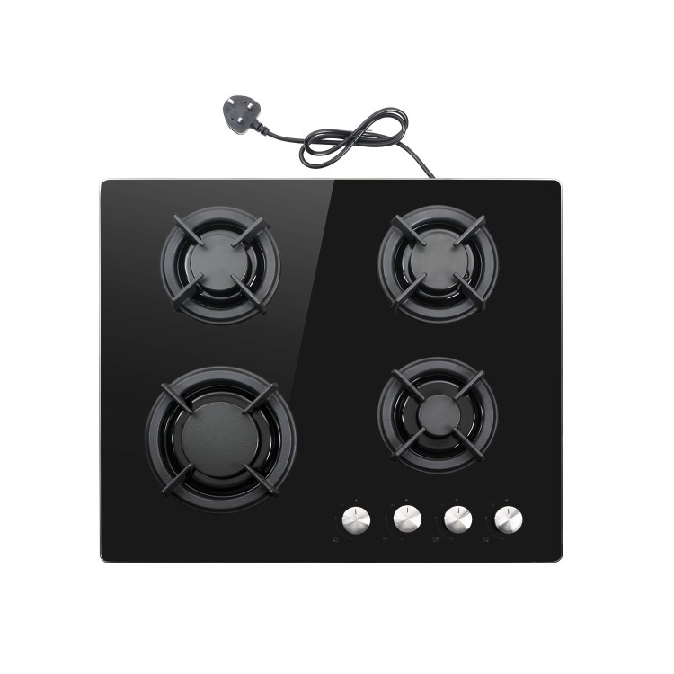 Refurbished electriQ EQGH406GGBLK 60cm Gas on Glass 4 Burner Gas Hob Black Glass