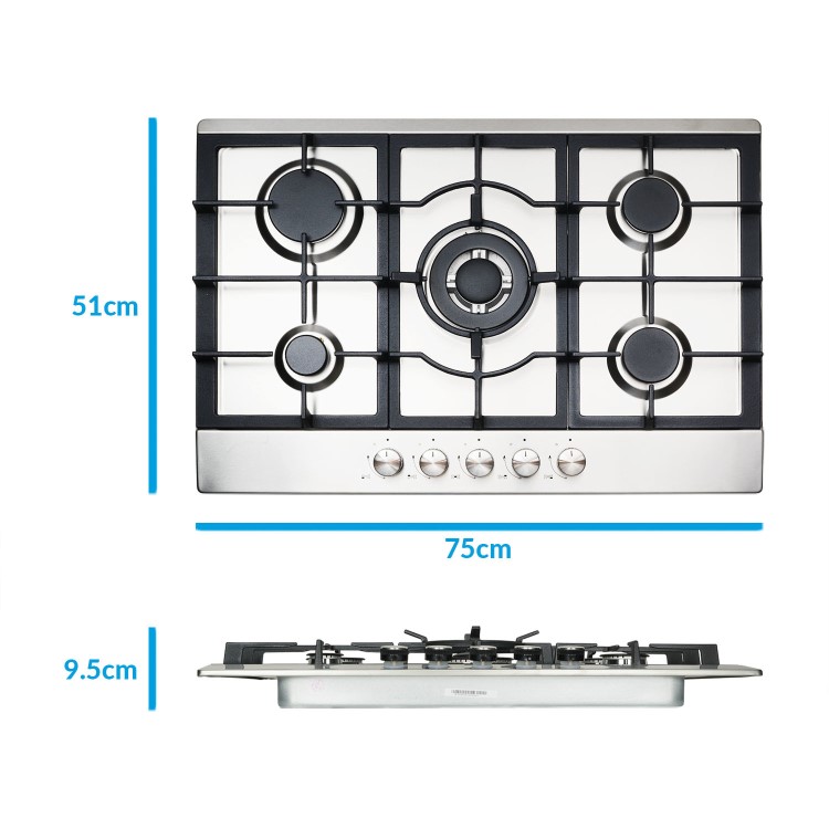 Refurbished electriQ EQGH755SS 75cm 5 Burner Gas Hob Stainless Steel