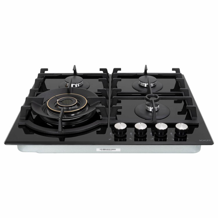 electriQ 60cm 4 Burner Gas on Glass Hob with Volcano Wok Burner - Black