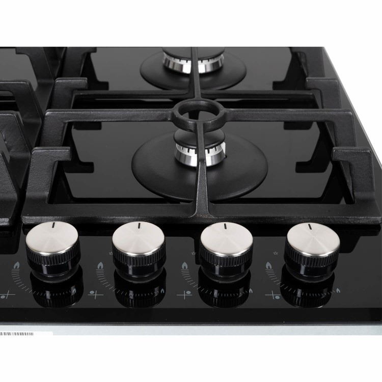 electriQ 60cm 4 Burner Gas on Glass Hob with Volcano Wok Burner - Black