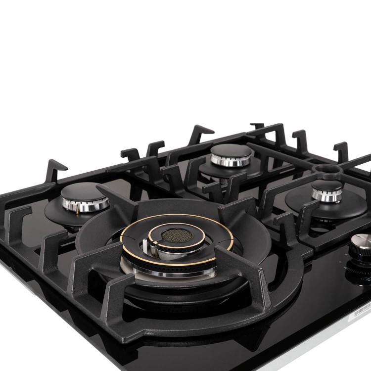 electriQ 60cm 4 Burner Gas on Glass Hob with Volcano Wok Burner - Black