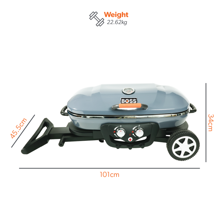 Refurbished Boss Grill Deluxe Portable - 2 Burner Gas BBQ Grill with Trolley - Grey