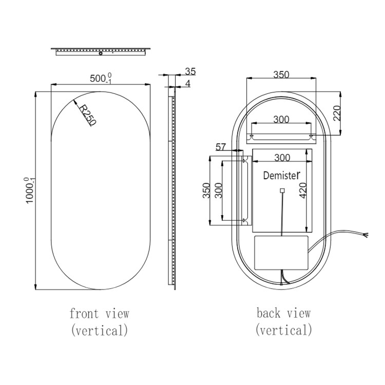 Oval Backlit Heated Bathroom Mirror with Lights 500 x 1000mm - Irena