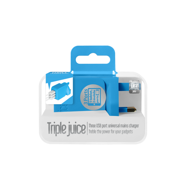 Juice Triple USB Mains Charger - Blue