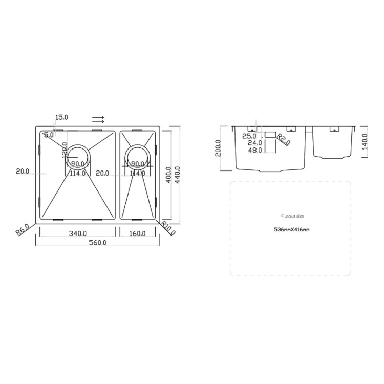 Rangemaster Kube 1.5 Bowl Inset / Undermount Chrome Stainless Steel Kitchen Sink- 560mm x 440mm