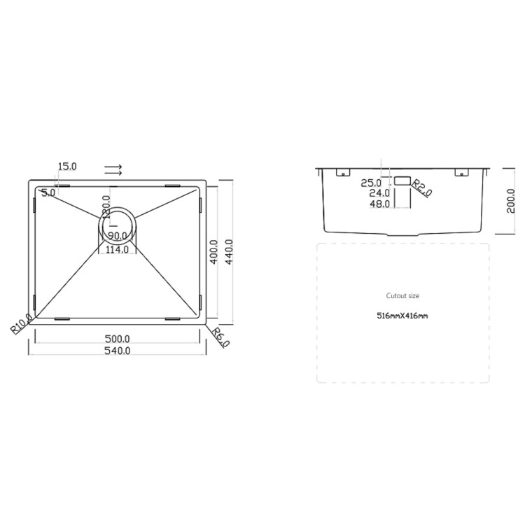 Rangemaster Kube Single Bowl Inset / Undermount Chrome Stainless Steel Kitchen Sink- 540mm x 440mm