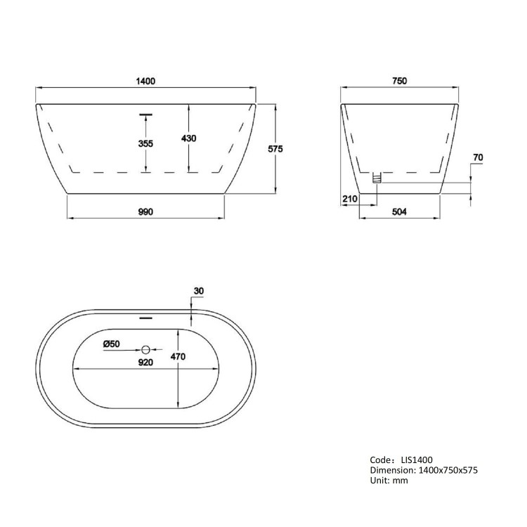 Freestanding Double Ended Bath 1400 x 750mm - Lisbon