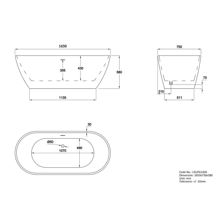 Green Freestanding Double Ended Bath 1650 x 750mm - Lisbon