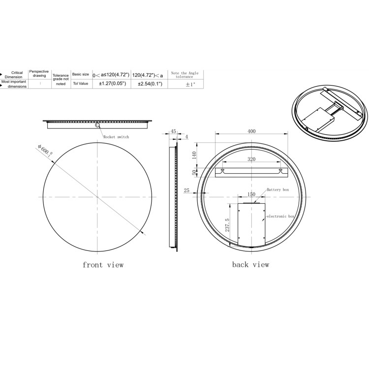 Round Backlit Bathroom Mirror with Battery Operated Lights 600mm - Luna