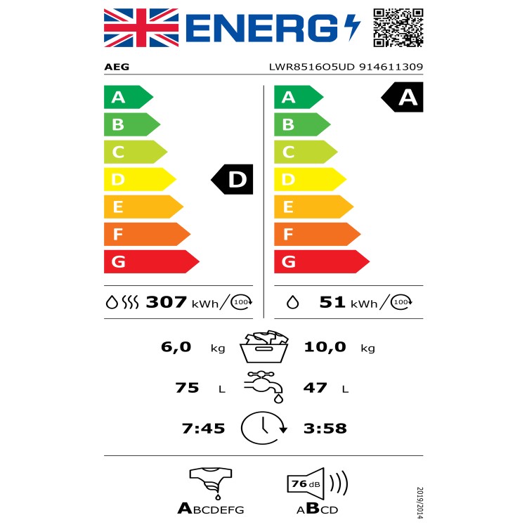 AEG 8000 Series 10kg Wash 6kg Dry 1600rpm Washer Dryer - White