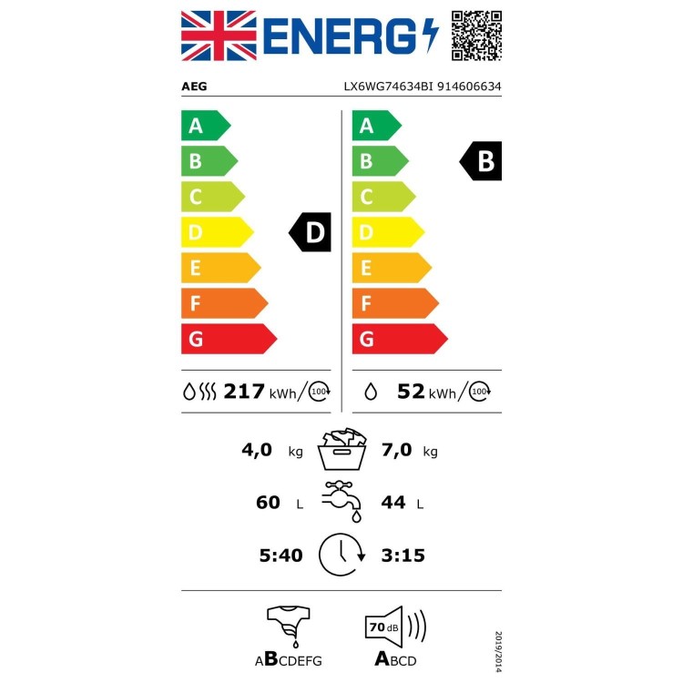 GRADE A2 - AEG 6000 Series AutoSense&reg; 7kg Wash 4kg Dry 1600rpm Integrated Washer Dryer - White