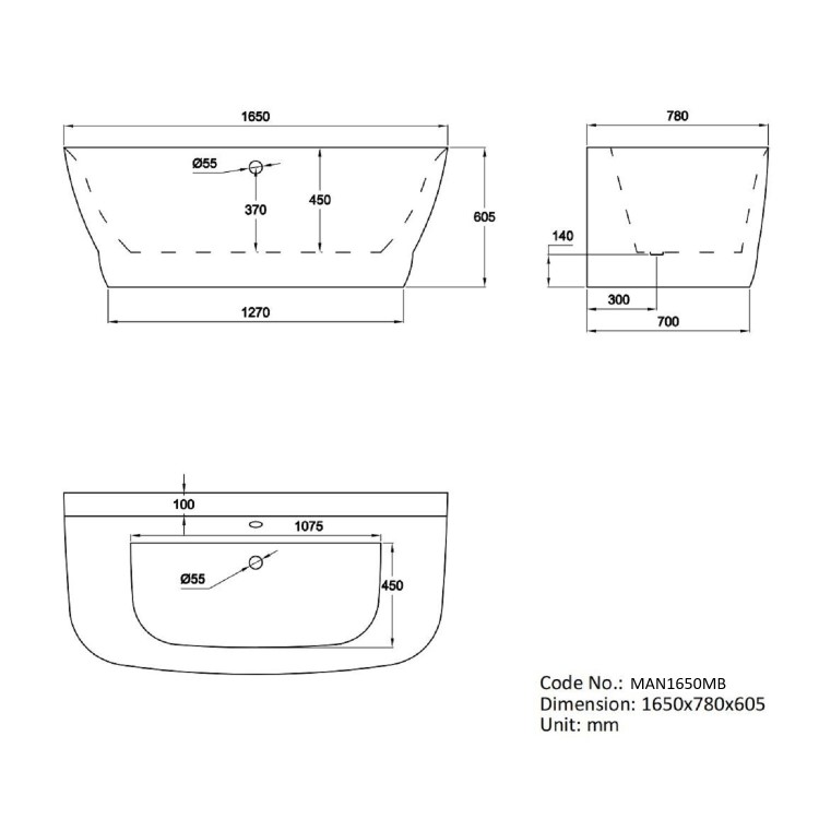 Freestanding Matt Black Back to Wall Double Ended Bath 1650 x 780mm - Manilla