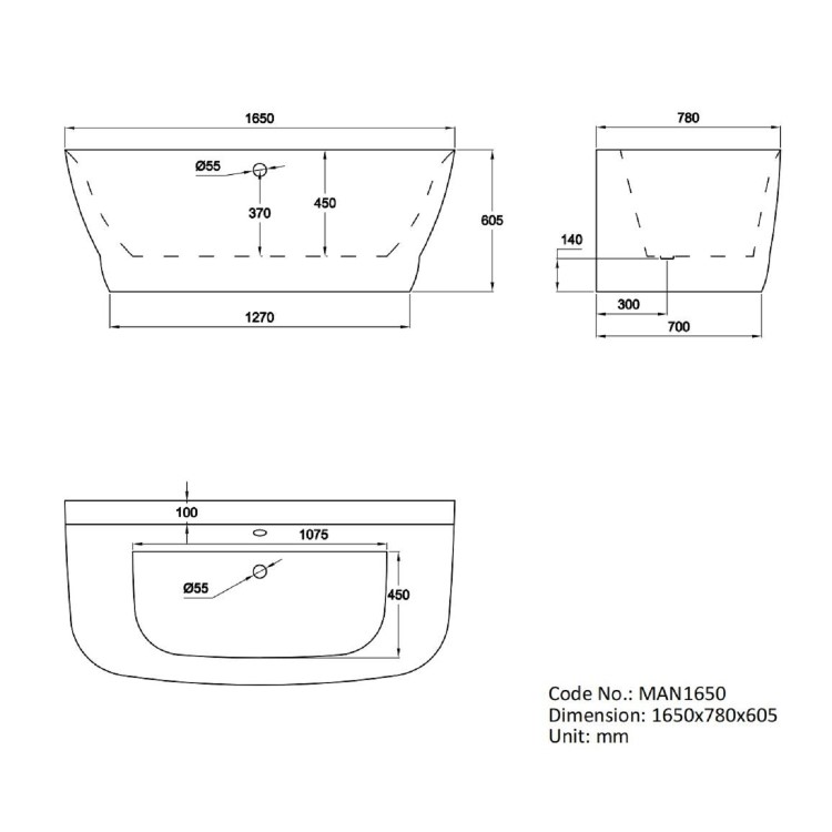 Freestanding Back to Wall Double Ended Bath 1650 x 780mm - Manilla