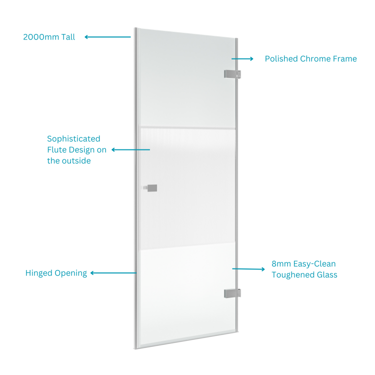 800mm Fluted Glass Left Hand Hinged Shower Door 8mm Glass - Matira