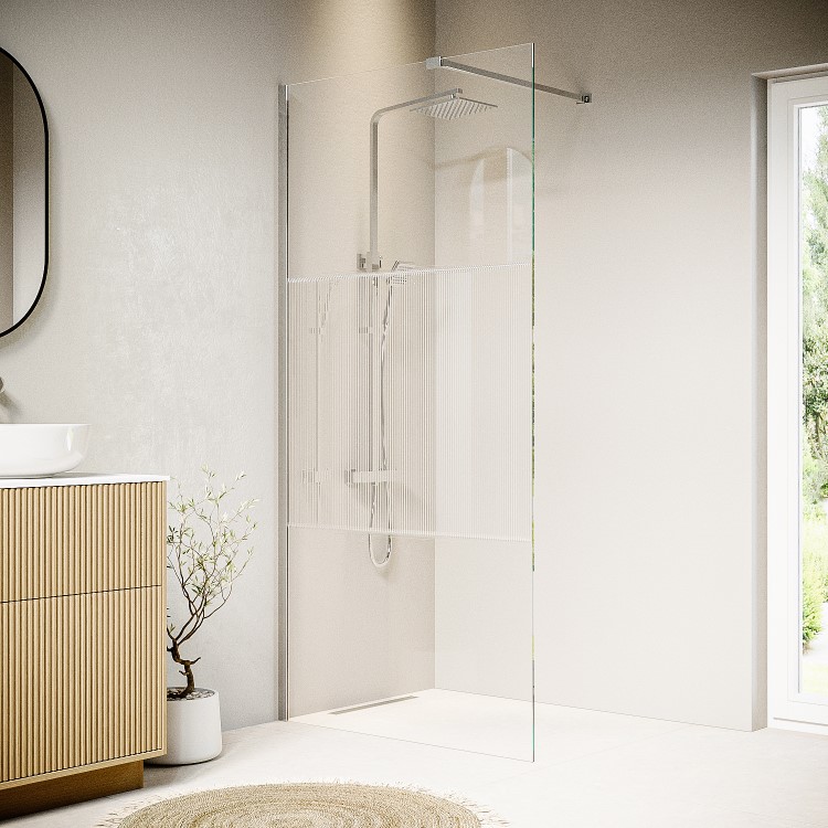 1000mm Fluted Glass Wet Room Shower Screen with Wall Support Bar - Matira