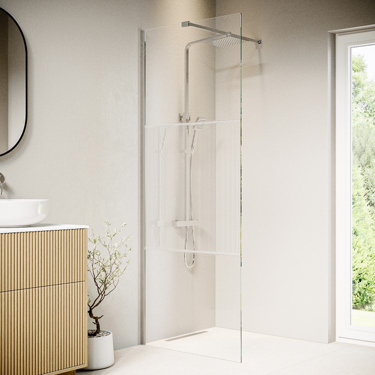 800mm Fluted Glass Wet Room Shower Screen with Wall Support Bar - Matira