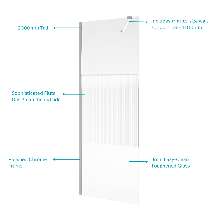 900mm Fluted Glass Wet Room Shower Screen with Wall Support Bar - Matira