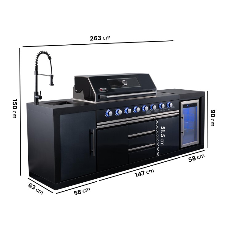 Monster Grill - Eclipse Ultimate Outdoor Kitchen - 6 Burner Gas BBQ Grill with Fridge Sink with Sintered Stone Worktops