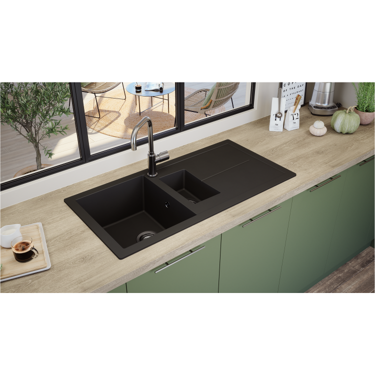 1.5 Bowl Black Composite Kitchen Sink with Reversible Drainer-Rocklite Milton