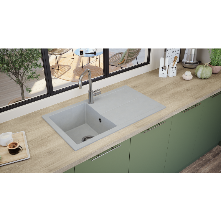 Single Bowl Grey Composite Kitchen Sink with Reversible Drainer- Rocklite Milton