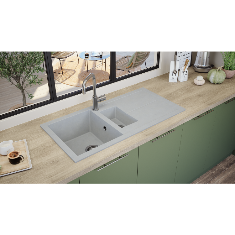 1.5 Bowl Grey Composite Kitchen Sink with Reversible Drainer- Rocklite Milton