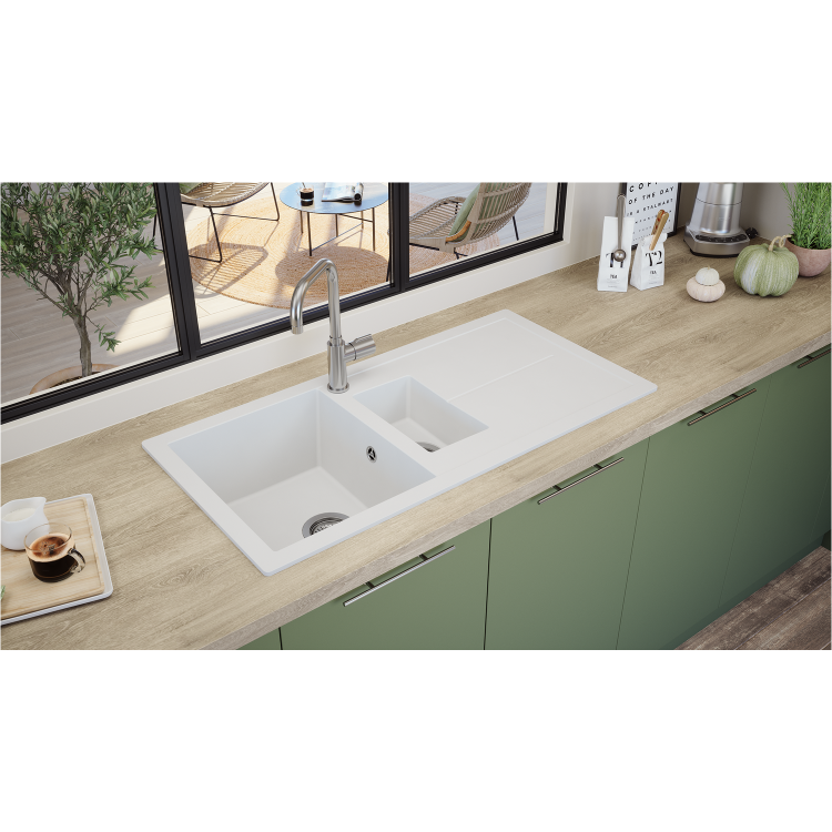 1.5 Bowl White Composite Kitchen Sink with Reversible Drainer- Rocklite Milton