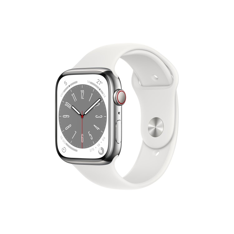 Apple Watch Series 8 GPS + Cellular 45mm Silver Stainless Steel Case with White Sport Band - Regular