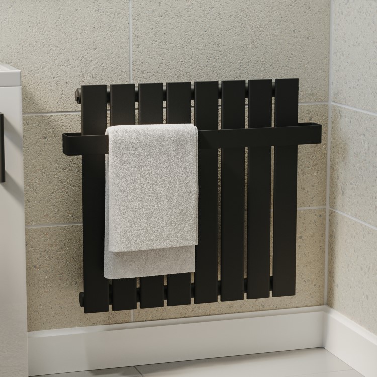 Black Horizontal Single Panel Radiator with Heated Towel Bar 600 x 604mm - Mojave