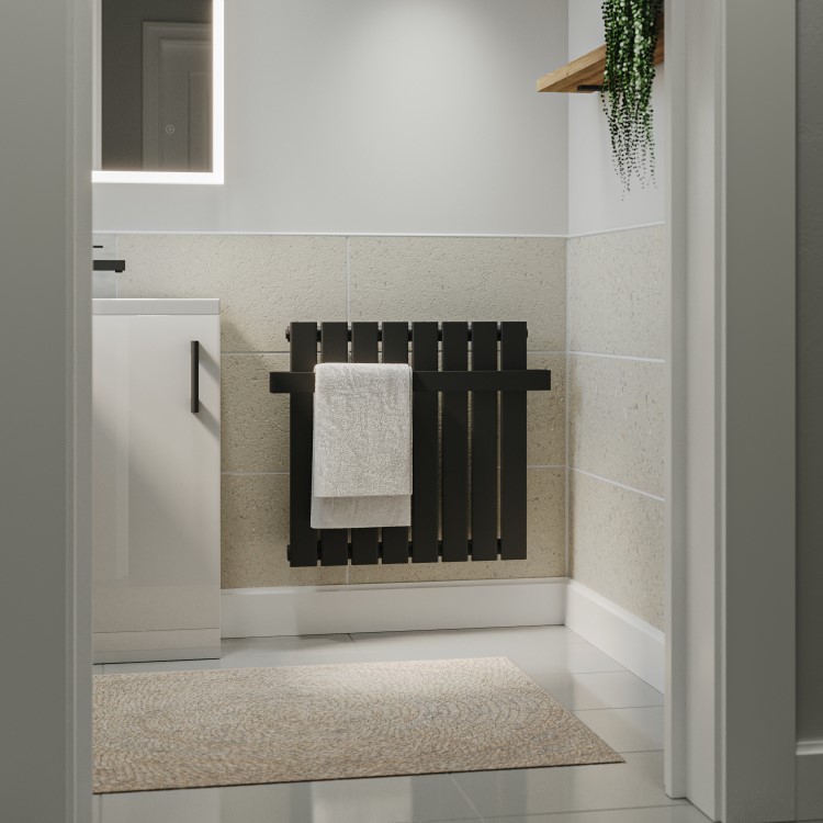 Black Horizontal Single Panel Radiator with Heated Towel Bar 600 x 604mm - Mojave