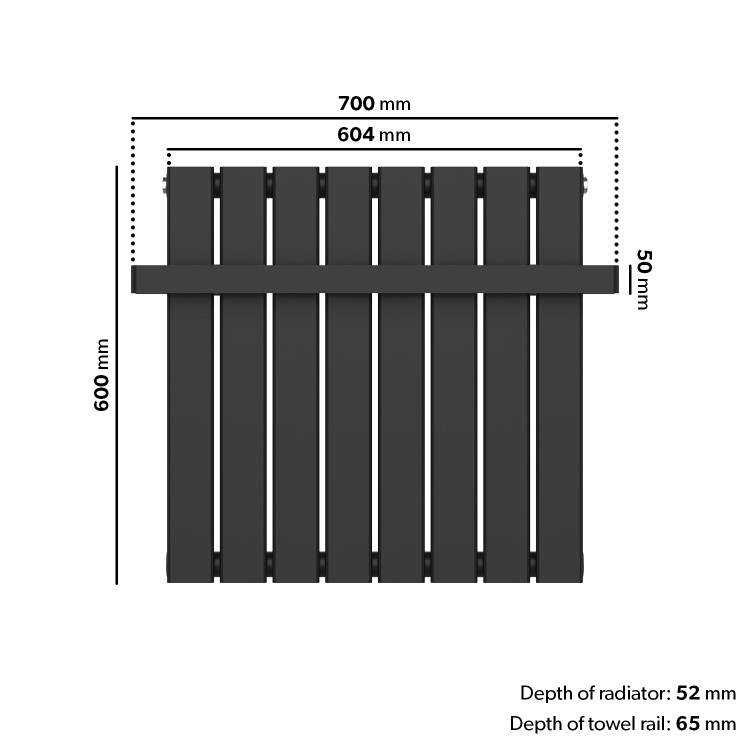 Black Horizontal Single Panel Radiator with Heated Towel Bar 600 x 604mm - Mojave