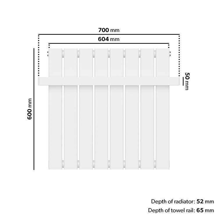 White Horizontal Single Panel Radiator with Heated Towel Bar 600 x 604mm - Mojave