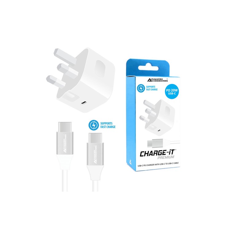 CHARGE-iT 20W Mains Charger with 1 Metre USB-C to USB-C Bundle - White