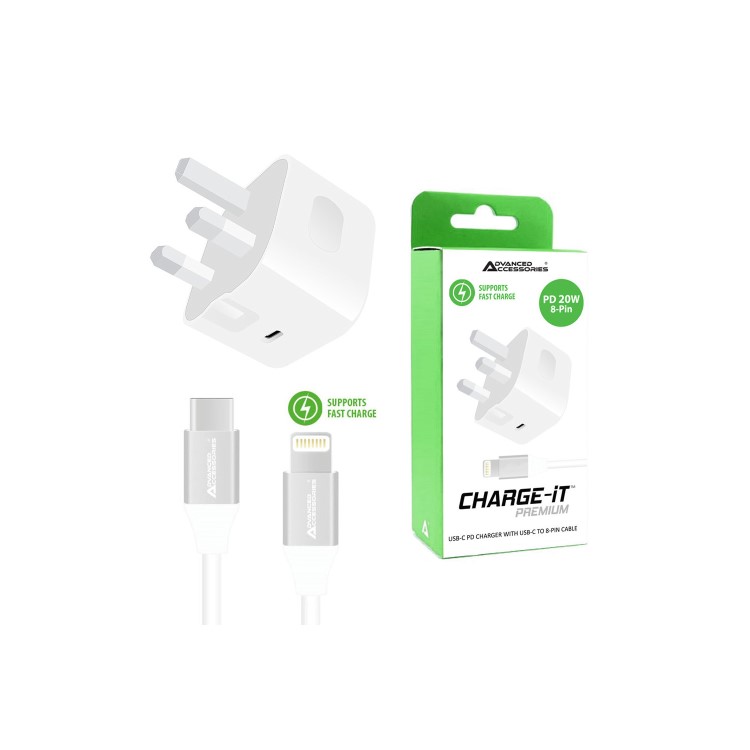 CHARGE-iT 20W Mains Charger with 1 Metre USB-C to Lightning Cable Bundle - White