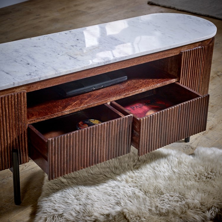 Mango Wood Tv Cabinet With Marble Top & Metal Legs - Opal