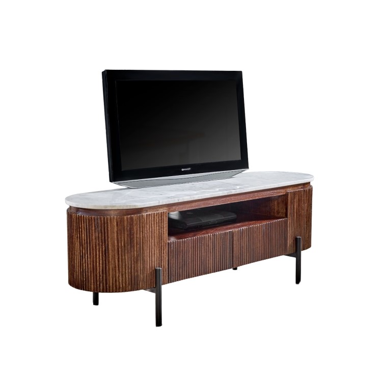 Mango Wood Tv Cabinet With Marble Top & Metal Legs - Opal