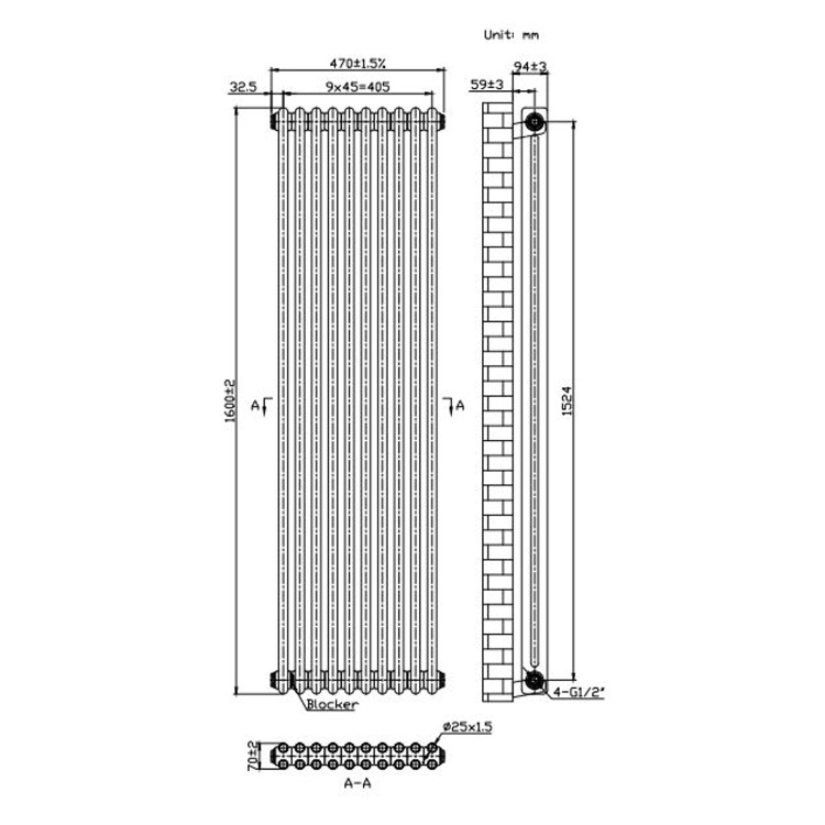 Anthracite Vertical 2 Column Traditional Radiator 1600 x 470mm - Nambi