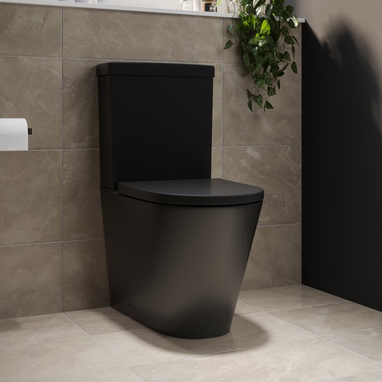 GRADE A1 - Matt Black Close Coupled Rimless Closed Back Toilet with Soft Close Seat - Newport