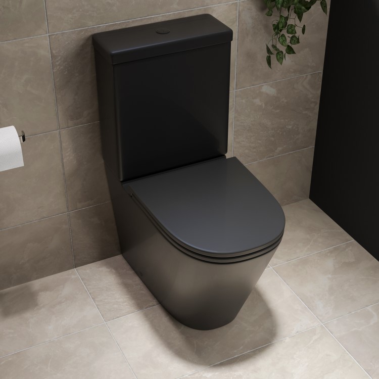 GRADE A1 - Matt Black Close Coupled Rimless Closed Back Toilet with Soft Close Seat - Newport