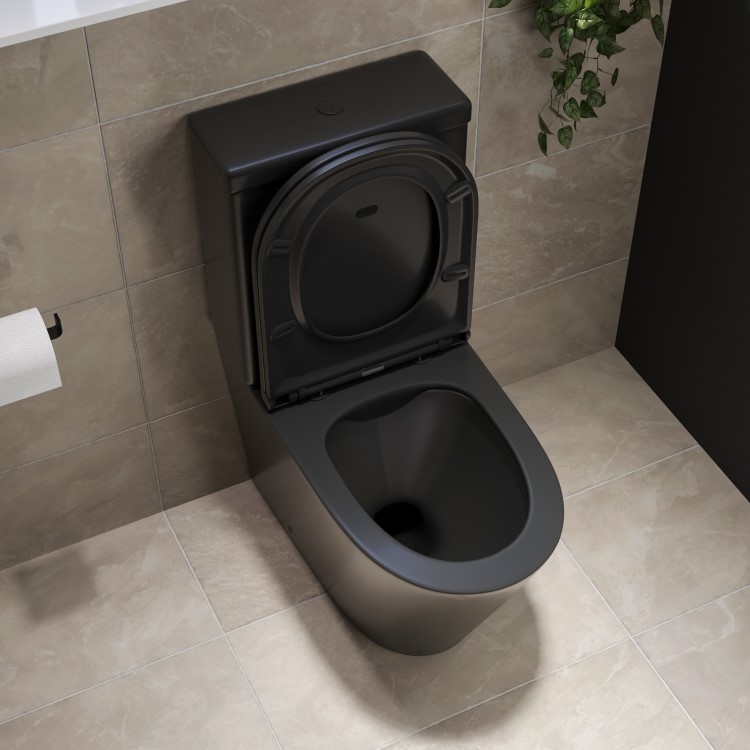 GRADE A1 - Matt Black Close Coupled Rimless Closed Back Toilet with Soft Close Seat - Newport