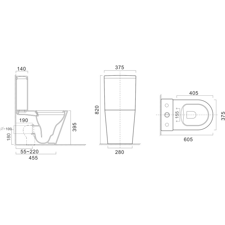 GRADE A1 - Matt Black Close Coupled Rimless Closed Back Toilet with Soft Close Seat - Newport