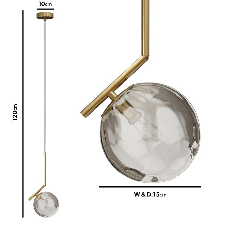 Dimpled Smoked Glass Pendant Ceiling Light with Gold Finish - Salerno