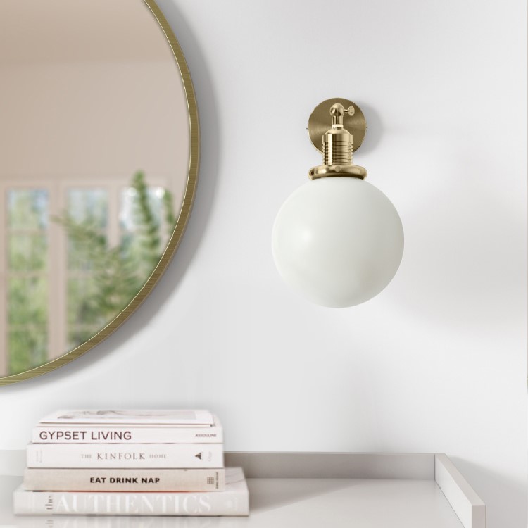 Opal Smooth Glass Globe Wall Light with Brass Finish - Salerno