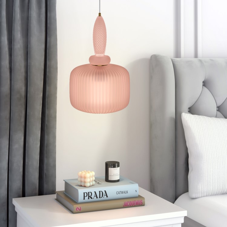 Pink Ribbed Smoked Glass Pendant Ceiling Light - Biella