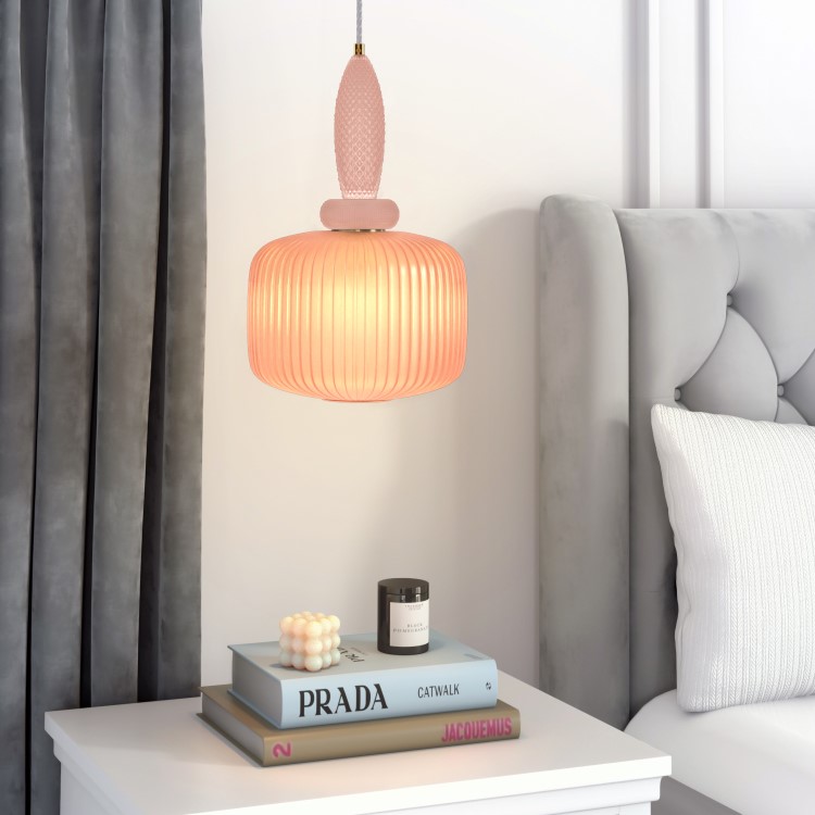 Pink Ribbed Smoked Glass Pendant Ceiling Light - Biella