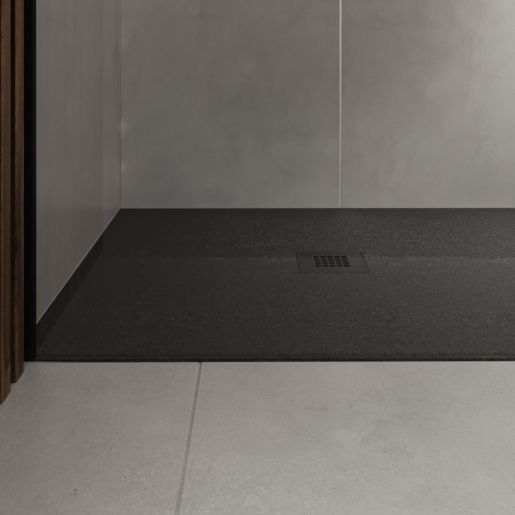 1400x900mm Rectangular Shower Tray with Grate - Black Stone Resin Slate Effect - Sileti