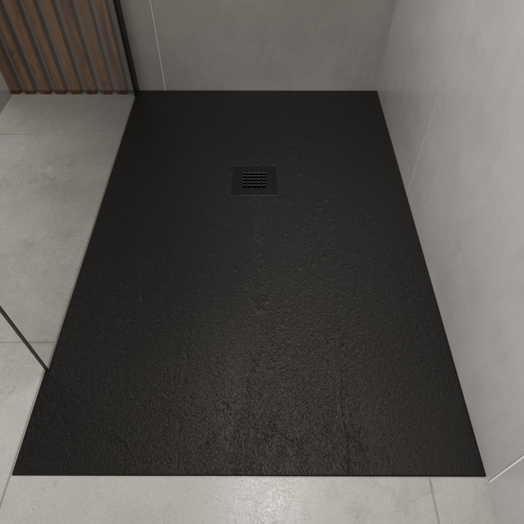 1200x900mm Rectangular Shower Tray with Grate - Black Stone Resin Slate Effect - Sileti