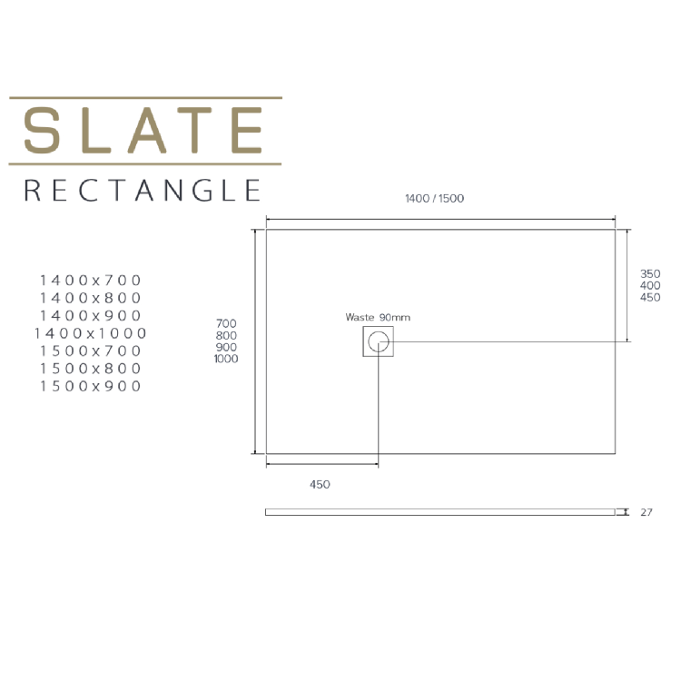 1400x800mm Rectangular Shower Tray with Grate - White Stone Resin Slate Effect - Sileti