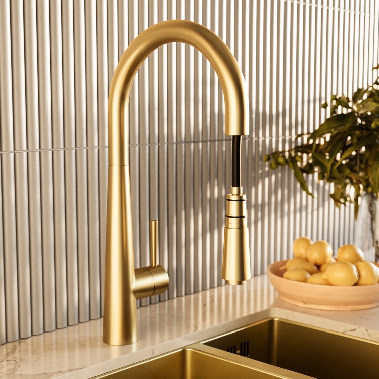 Brushed Brass Single Lever Pull Out Monobloc Kitchen Sink Mixer Tap - Enza Olney