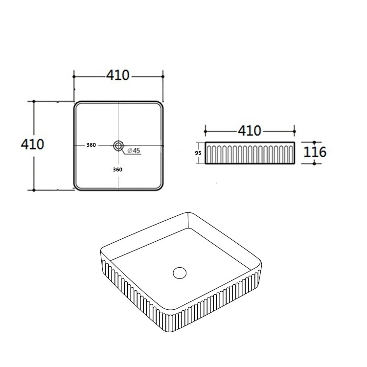 GRADE A1 - White Square Fluted Countertop Basin 410mm - Oregon